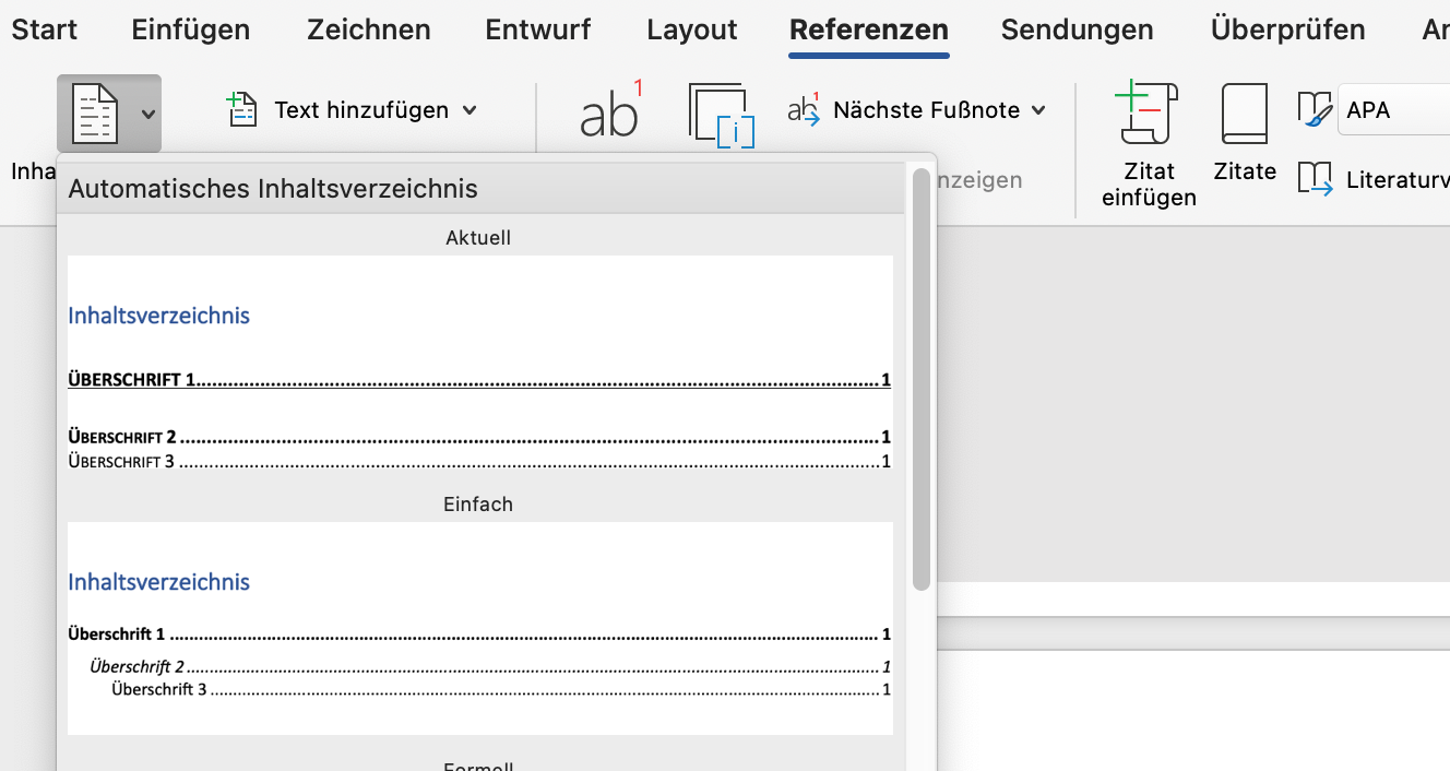 Inhaltsverzeichnis einzufügen